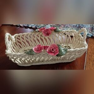 Sale! Elegant Ceramic Woven Basket with Pink Floral Accents